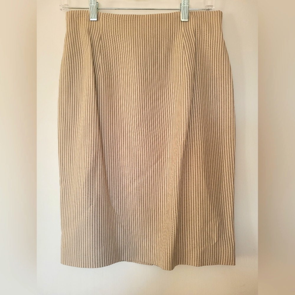 Ann Taylor Beige and White Pinstripe Pencil Skirt